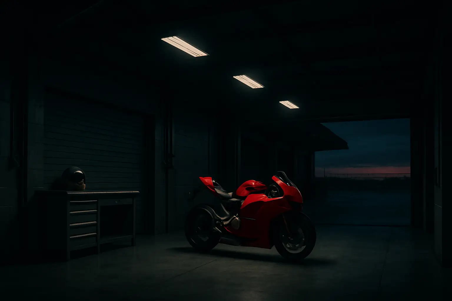 A MotoGP factory garage at dusk with an empty pit wall and a Ducati racing machine in the background