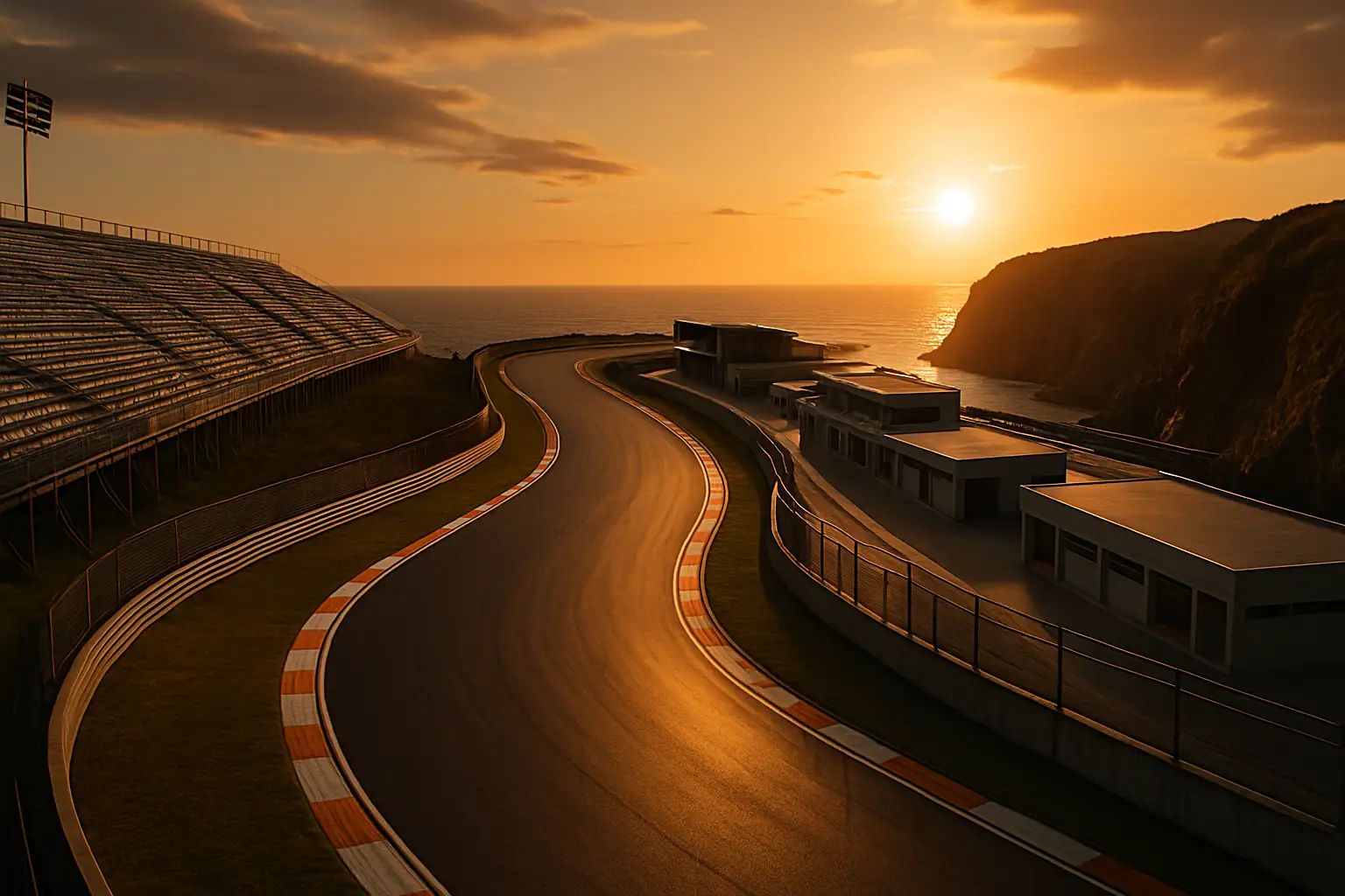 Aerial view of a coastal motor racing circuit with grandstands and pit lane visible
