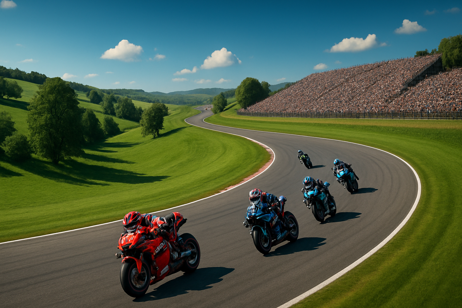 MotoGP motorcycles racing through the sweeping curves of the Brno circuit during the Czech GP