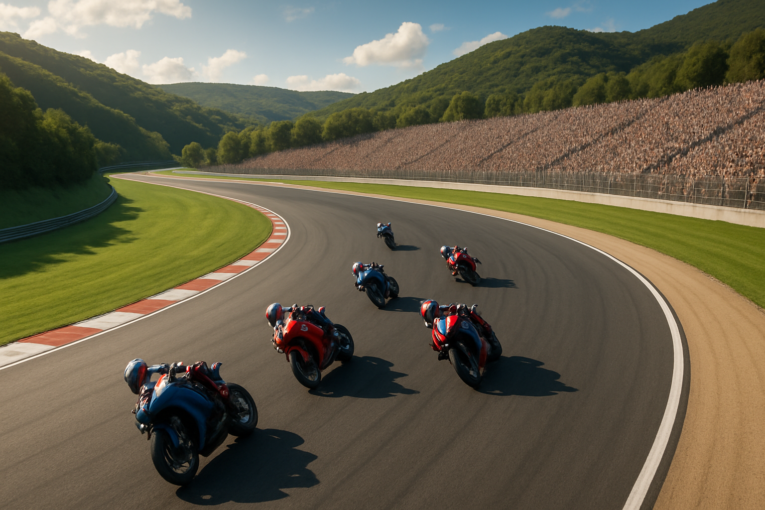 MotoGP motorcycles racing through the sweeping curves of Brno's Autodrom circuit under a clear sky