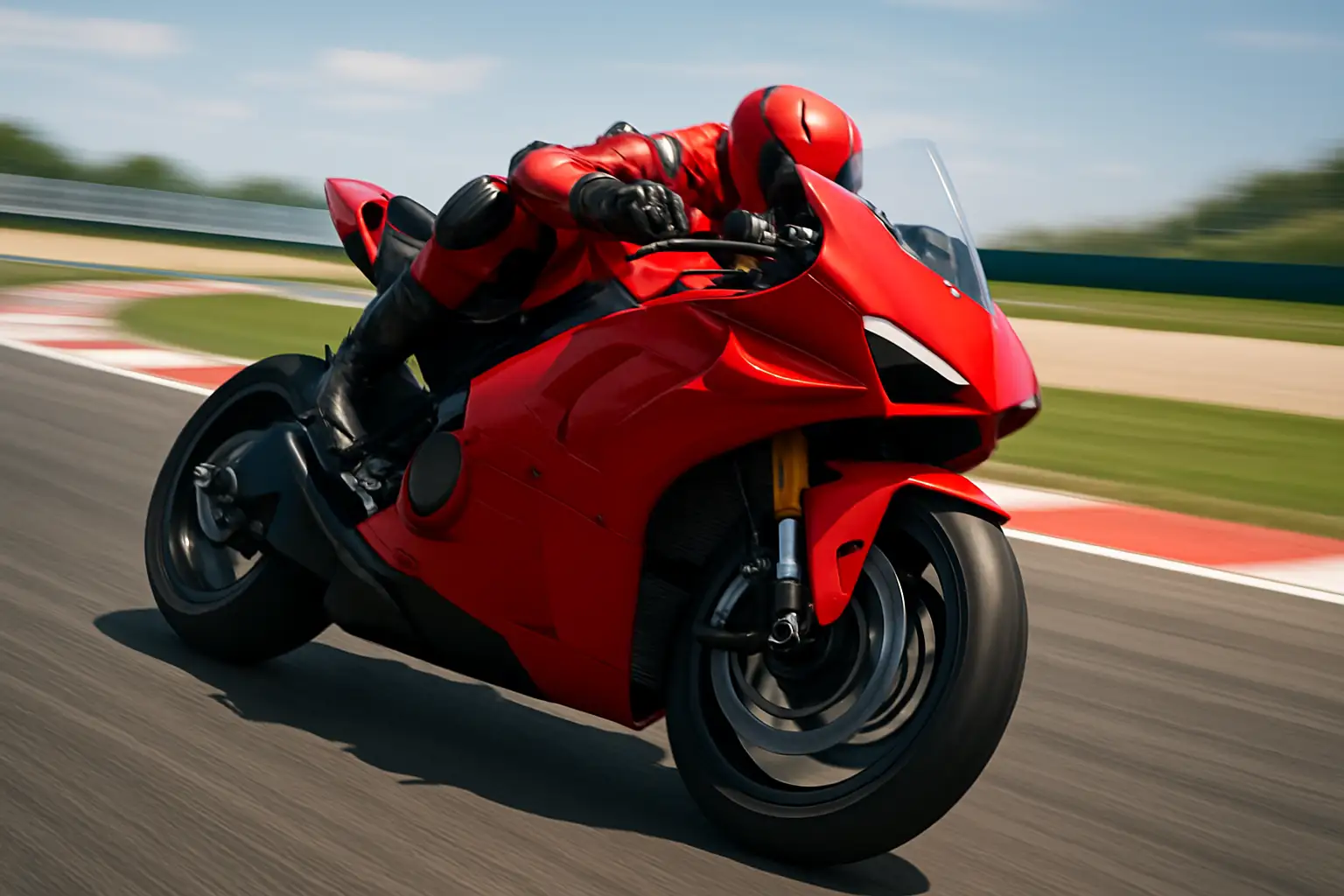 A MotoGP factory motorcycle leaning through a high-speed corner on a sunlit racing circuit