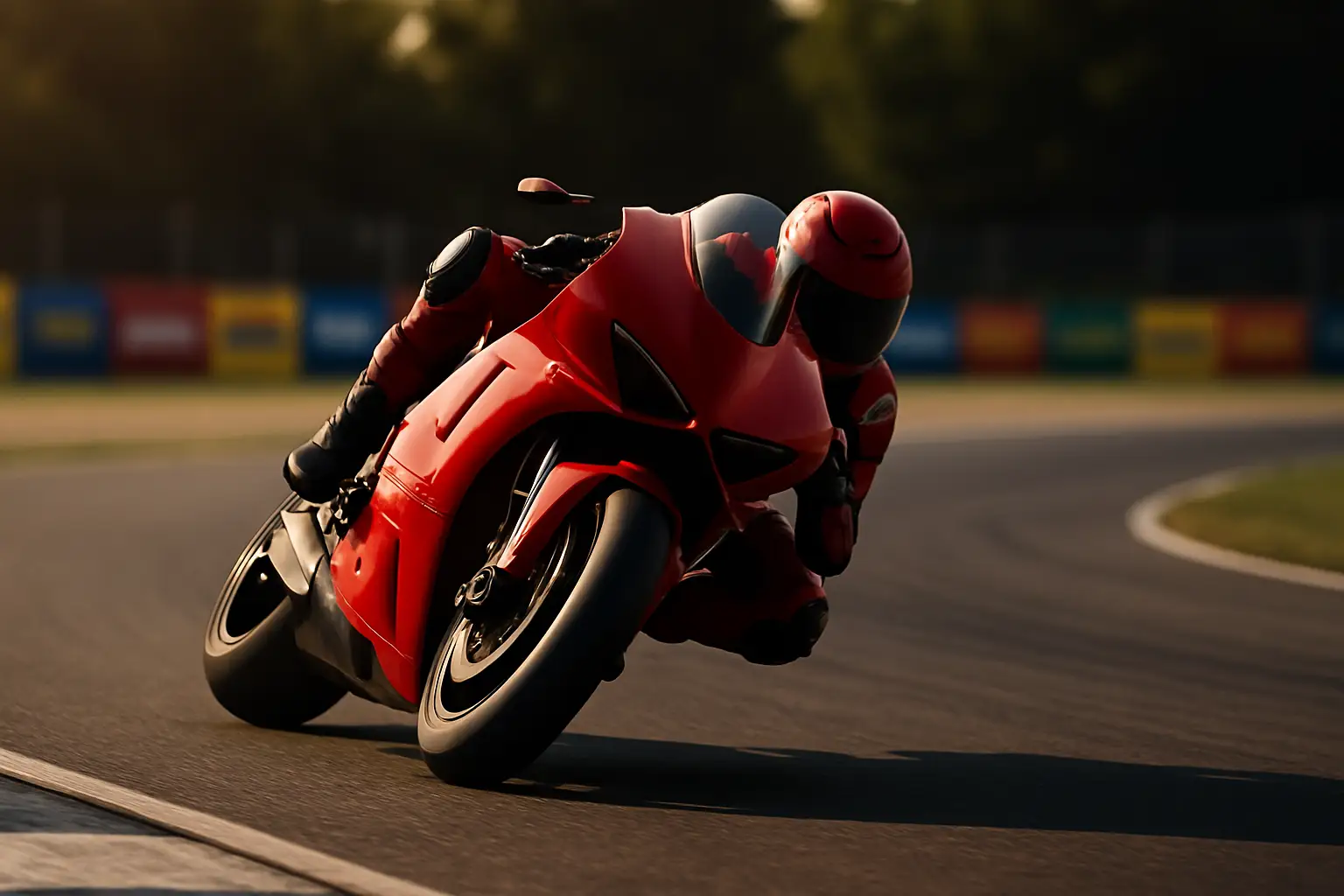 A Ducati MotoGP bike on track with blurred sponsor branding in the background