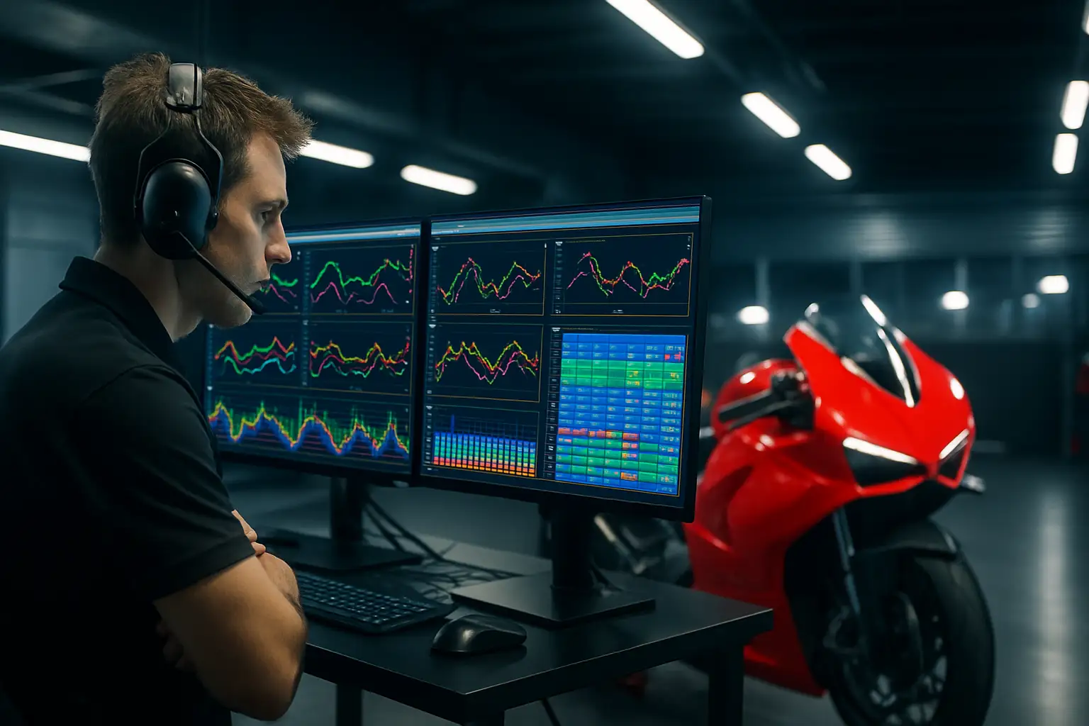 MotoGP engineer reviewing telemetry data on a laptop in a race paddock garage