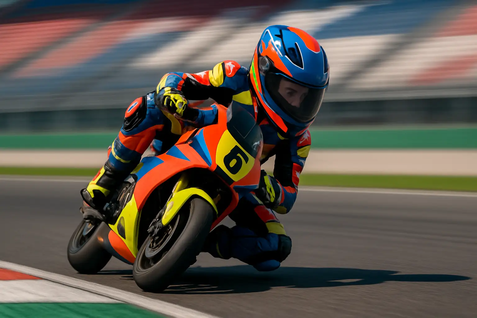Young motorcycle racer in full racing leathers and helmet crouched over a racing bike on a sunlit circuit
