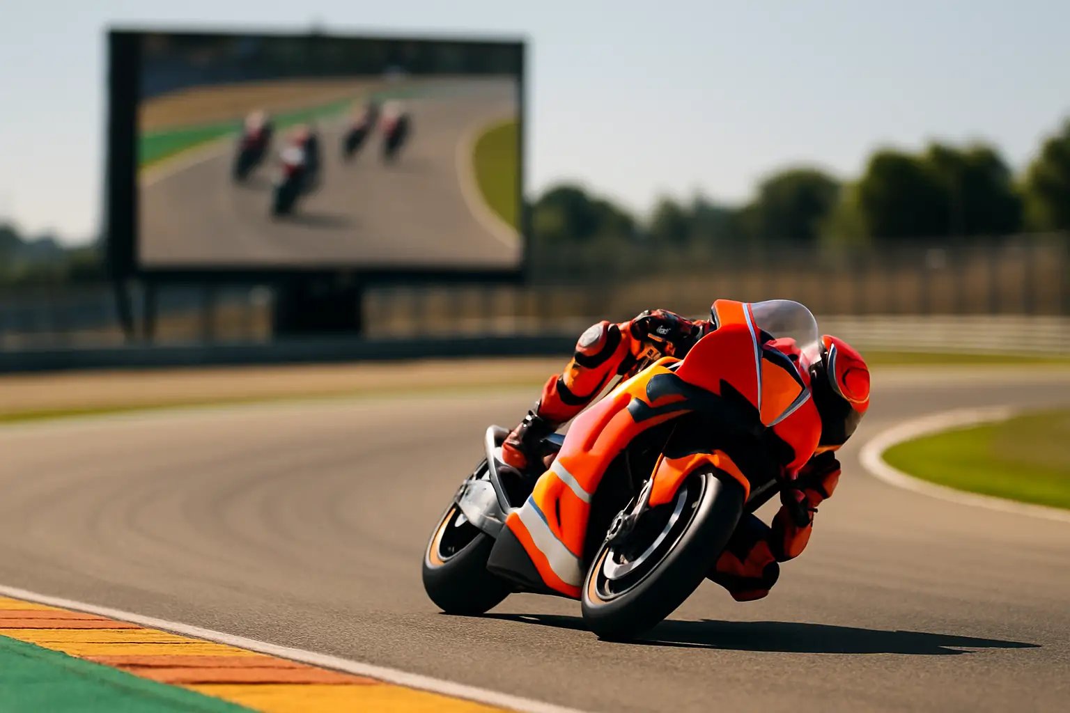 A MotoGP motorcycle racing on track with a streaming broadcast concept in the background