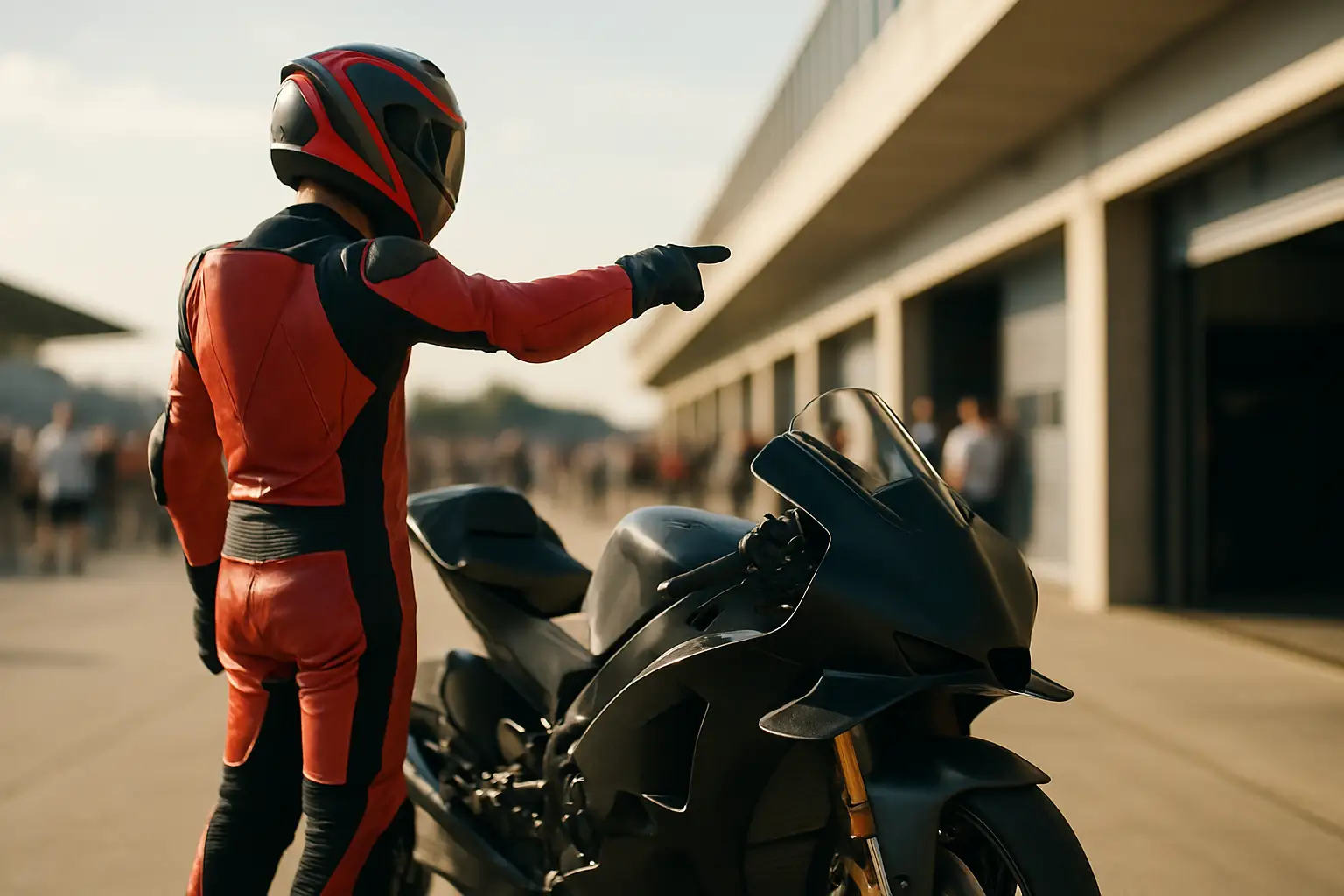 MotoGP rider in racing leathers gesturing during a paddock press briefing