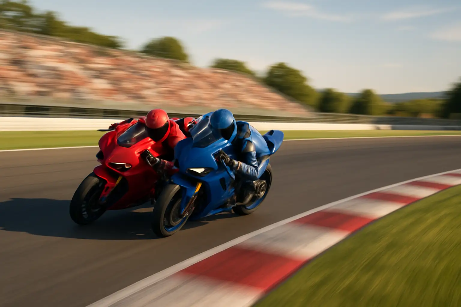 A MotoGP rider executing a close overtake on a competitor through a fast corner at a European circuit
