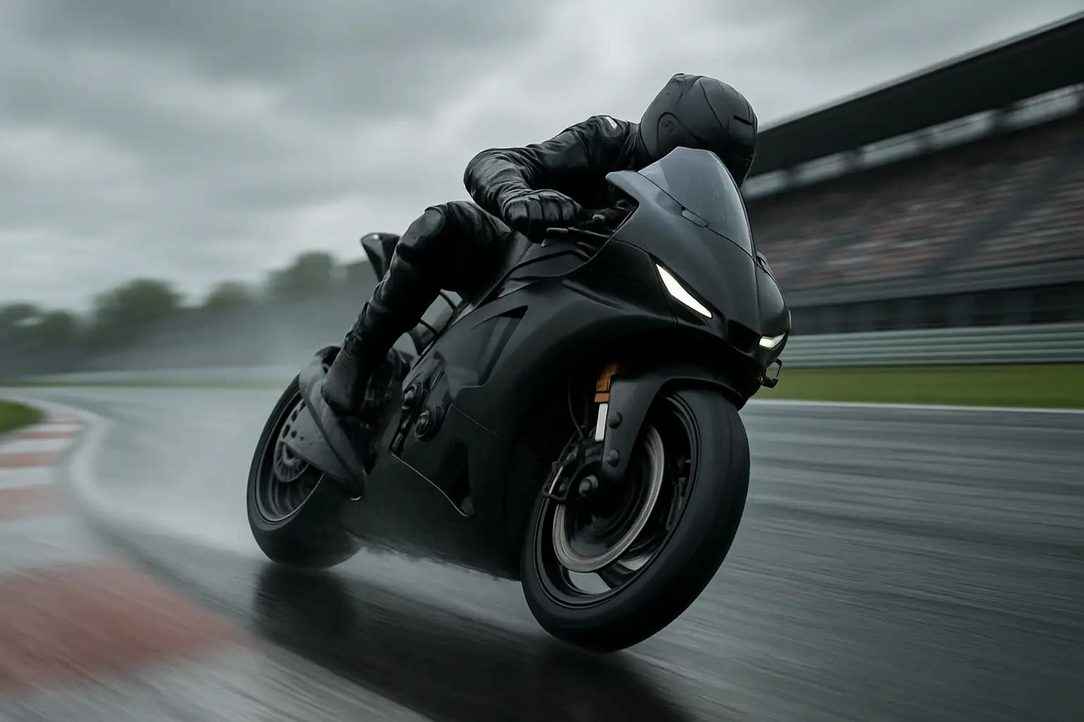 MotoGP rider leaning into a high-speed corner on a wet circuit