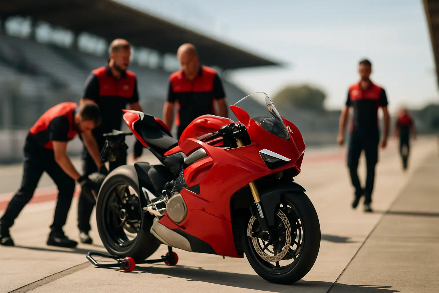 A Ducati MotoGP factory bike on a race circuit under bright lights