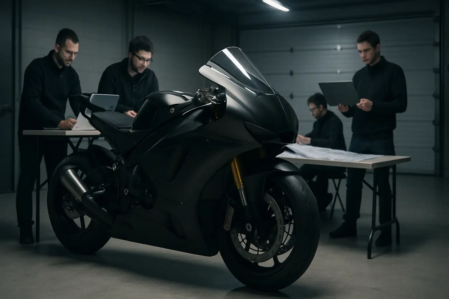 A MotoGP prototype motorcycle on a racing circuit with pit crew engineers reviewing technical data in the background