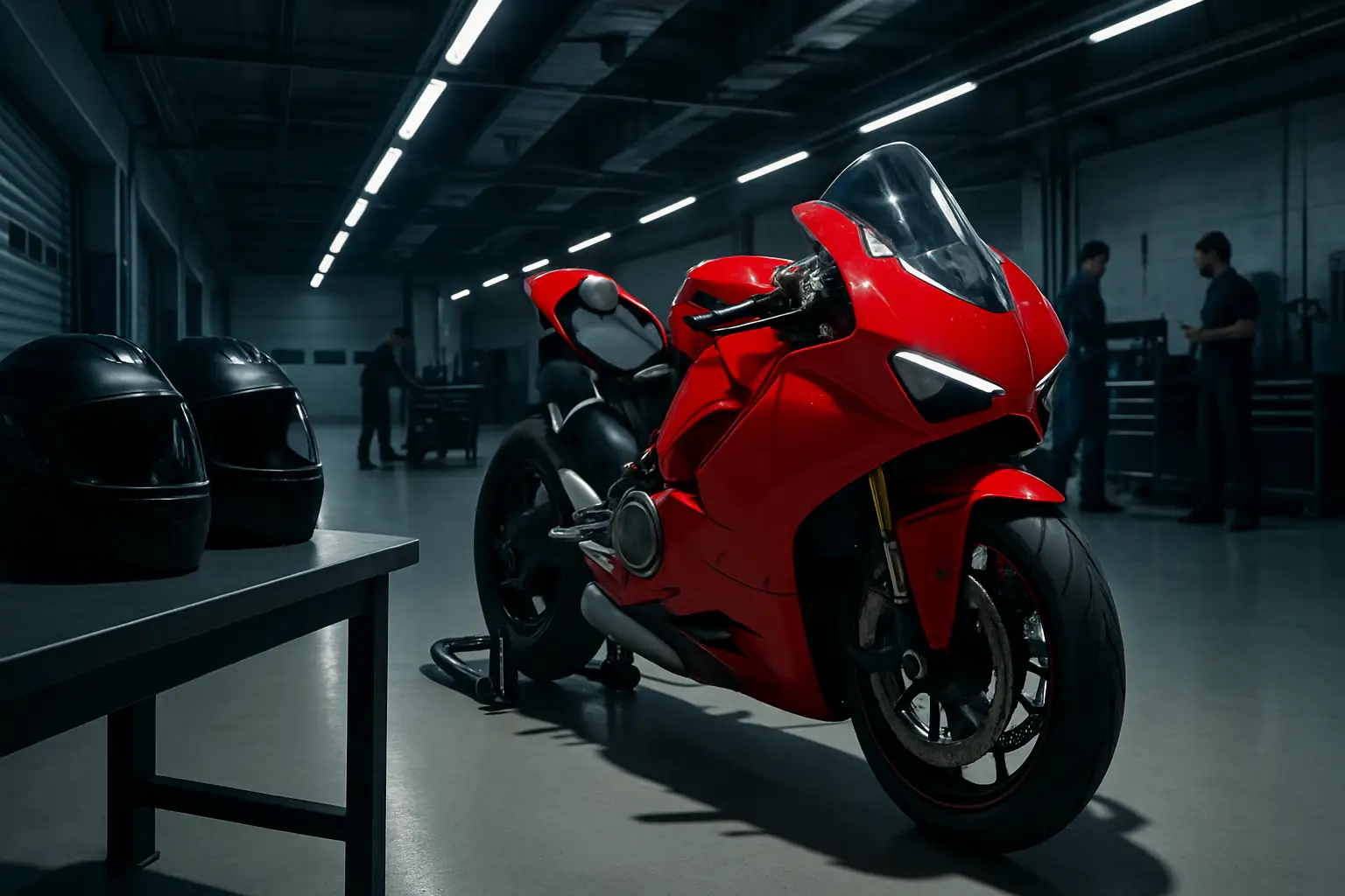 MotoGP factory garage with a Ducati Desmosedici race bike under bright pit lane lighting