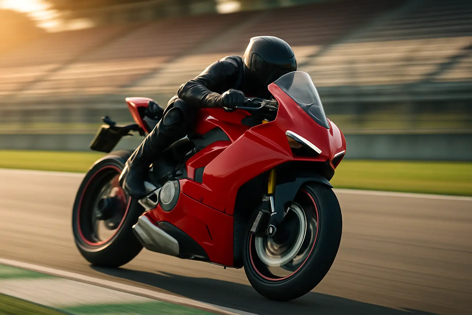 A red Ducati MotoGP racing bike on a circuit during a race weekend