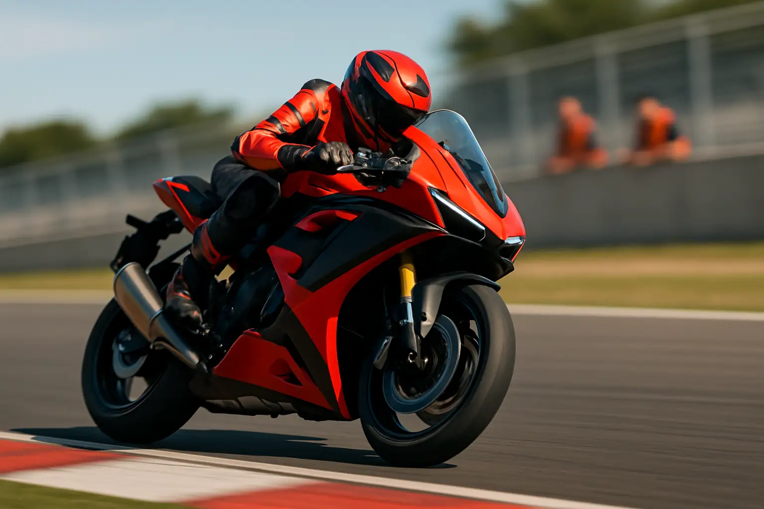 A MotoGP racing motorcycle on track with pit crew in the background