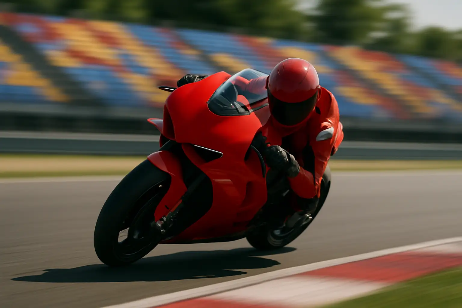 A MotoGP factory racing bike on track at high speed with a packed grandstand in the background