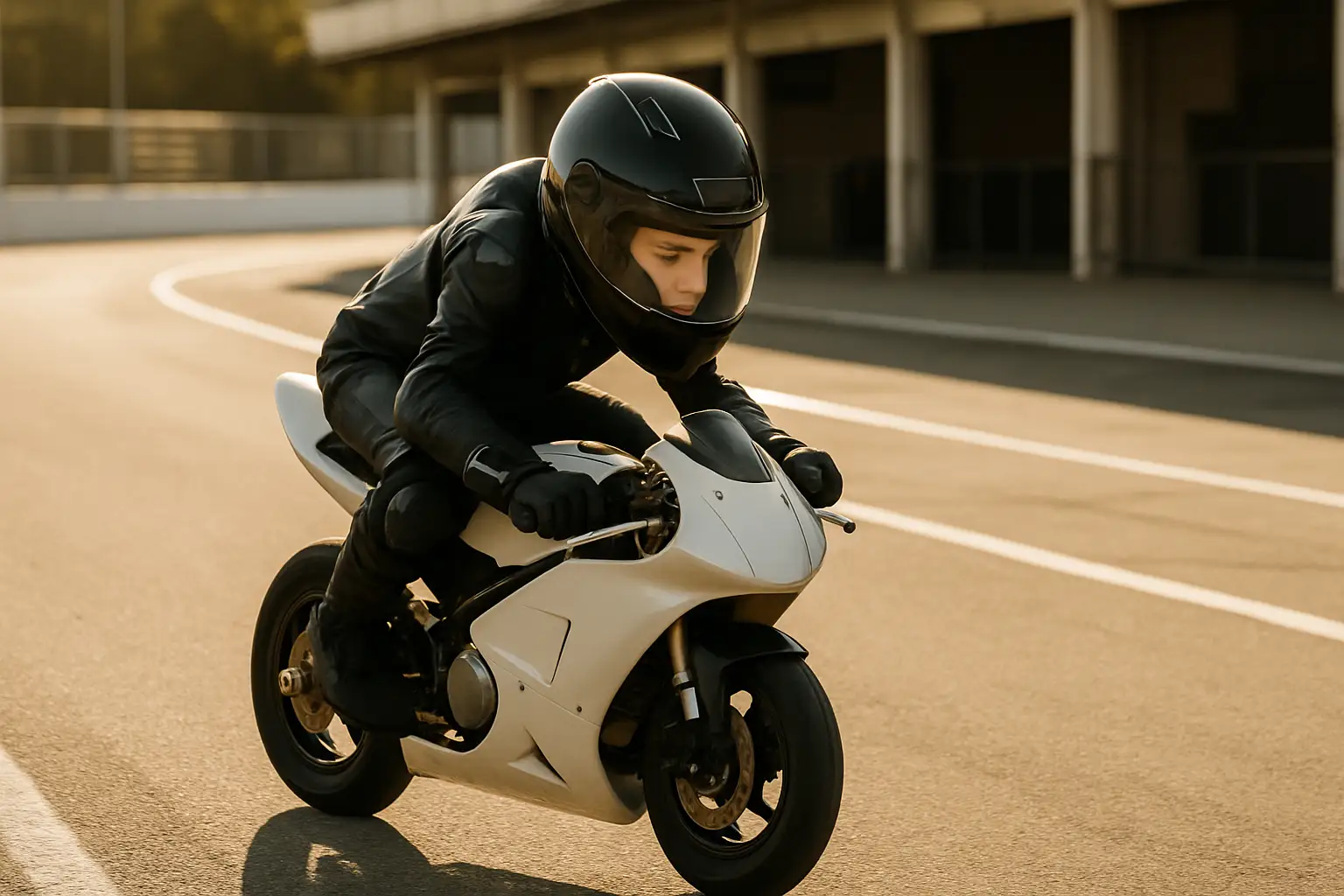 Young motorcycle racer on track in junior championship gear
