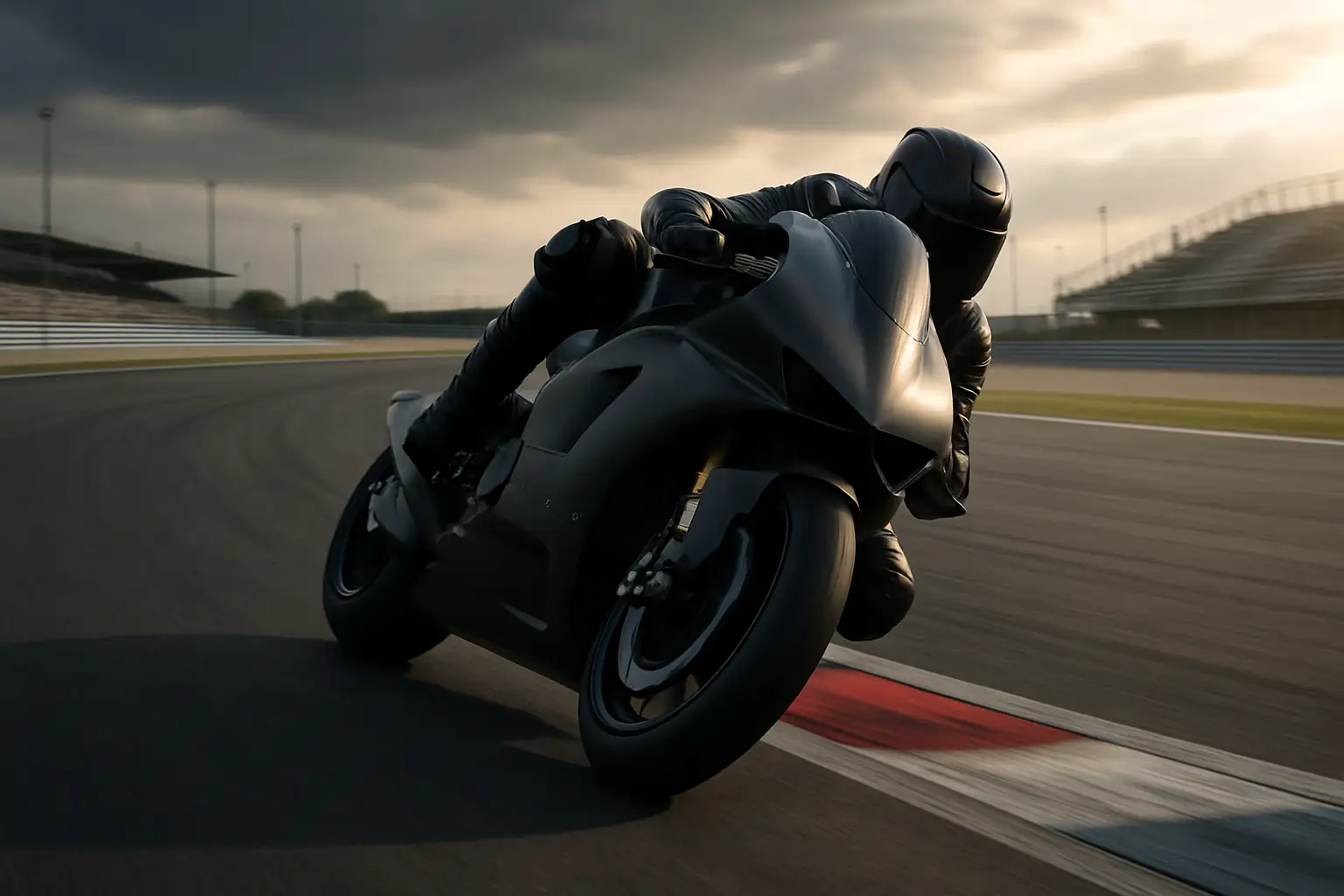 MotoGP prototype motorcycle on track during a race weekend, viewed from a low trackside angle