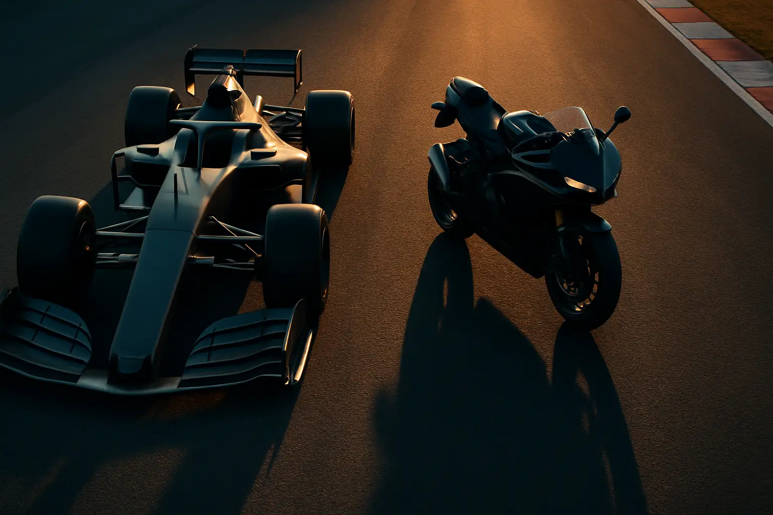 A Formula 1 car and a MotoGP motorcycle side by side on a racing circuit under bright stadium lights