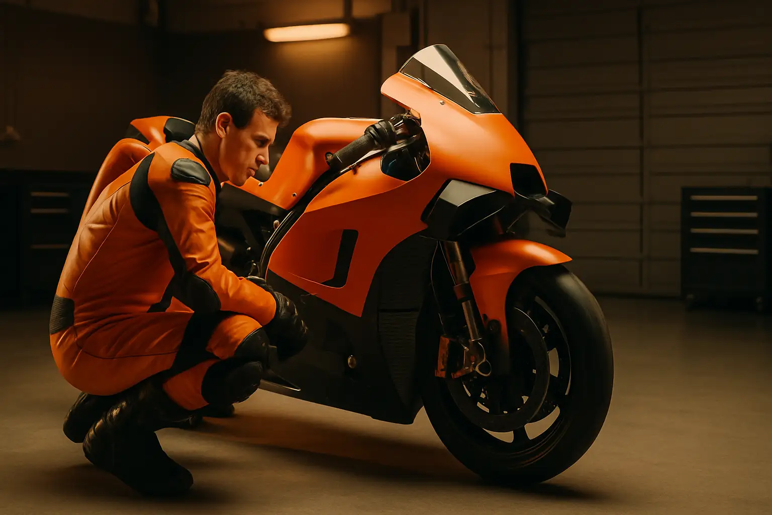 A MotoGP rider in racing leathers crouching beside an orange factory prototype motorcycle in a pit garage