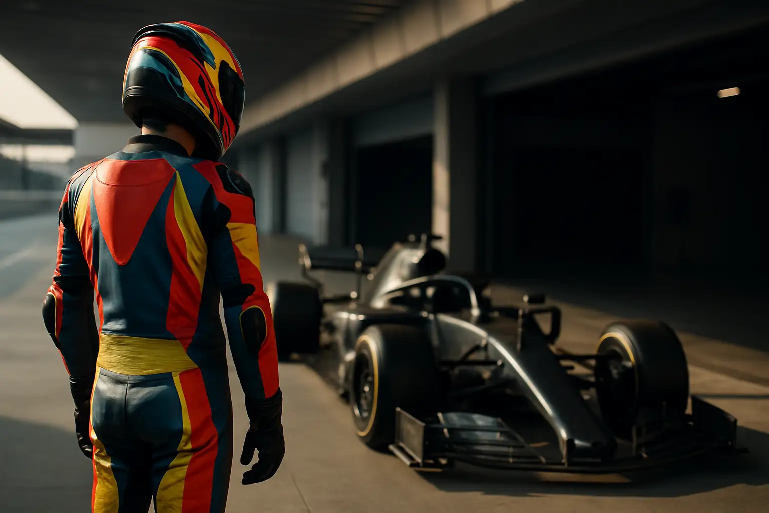 A MotoGP rider in full racing leathers standing beside a Formula 1 car on a pit lane