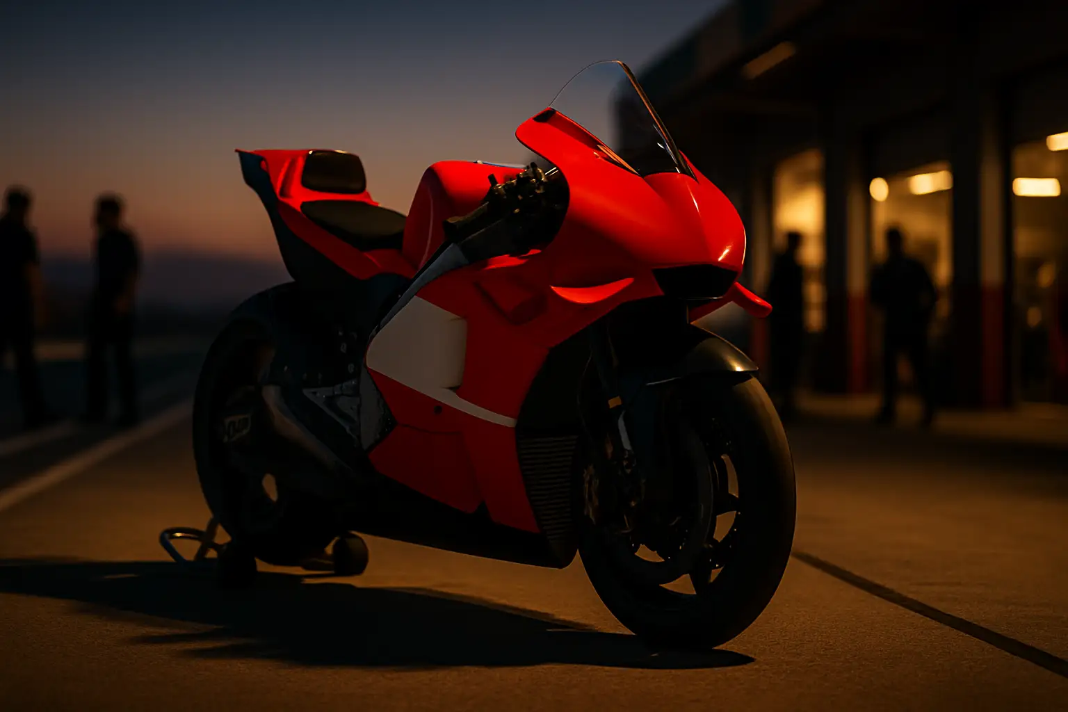 A MotoGP motorcycle in Honda factory livery on a race circuit at dusk