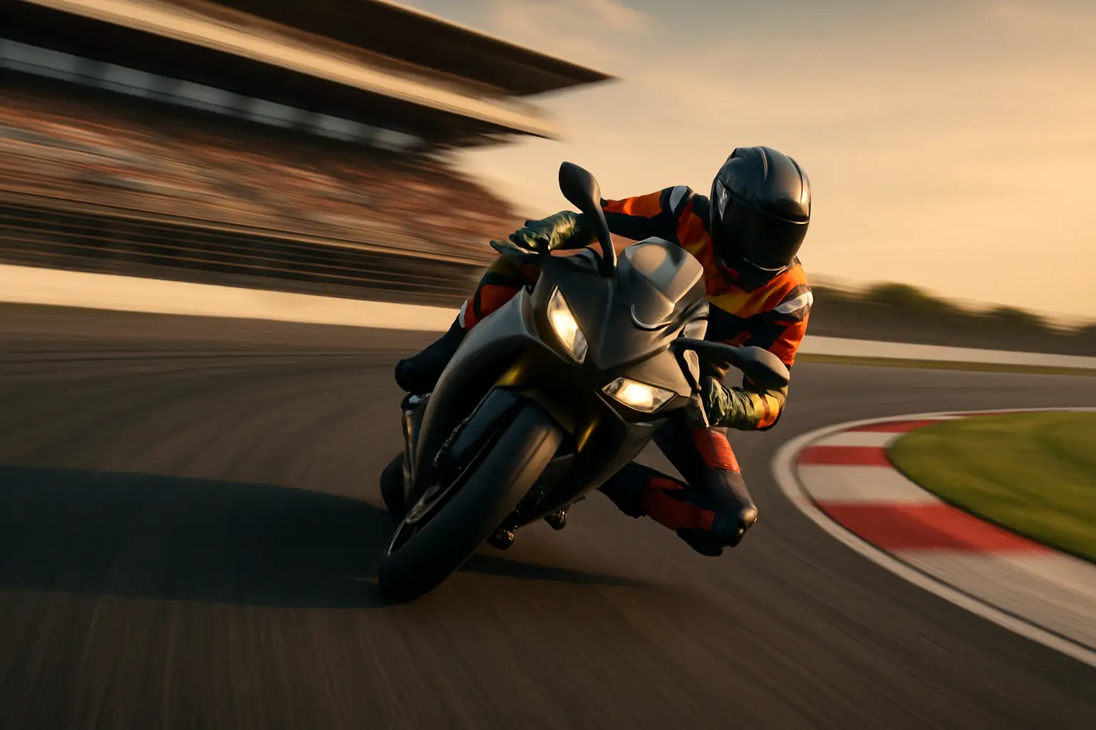 MotoGP rider on a factory prototype motorcycle leaning through a corner at speed