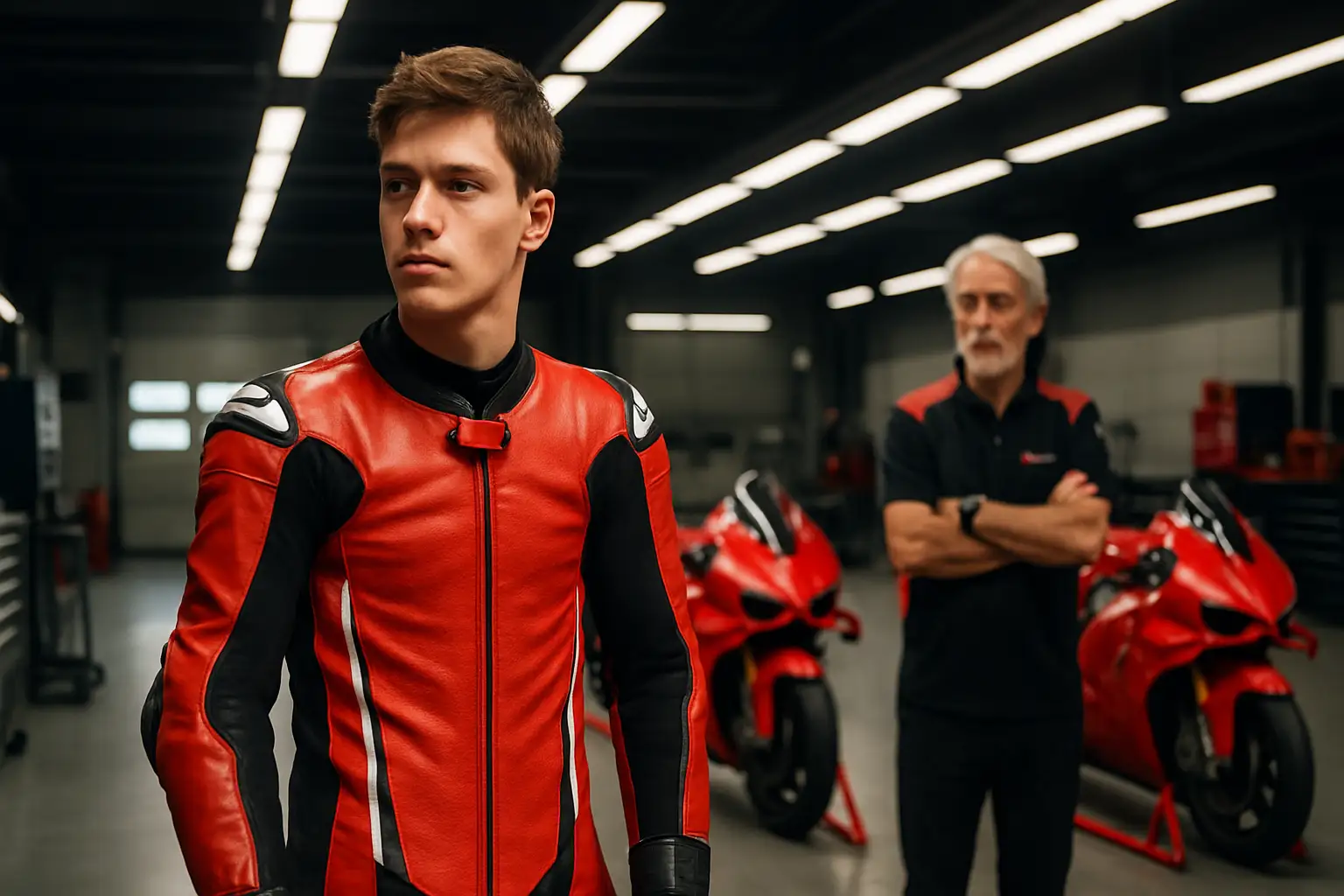 Young MotoGP rider preparing in a garage surrounded by team engineers and a senior motorsport figure observing closely