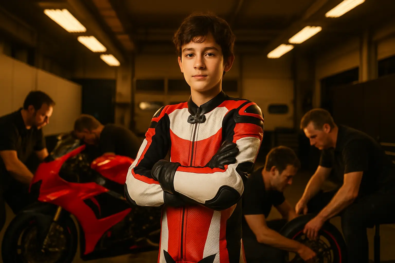 Young MotoGP rider standing in a team garage surrounded by racing equipment and crew members