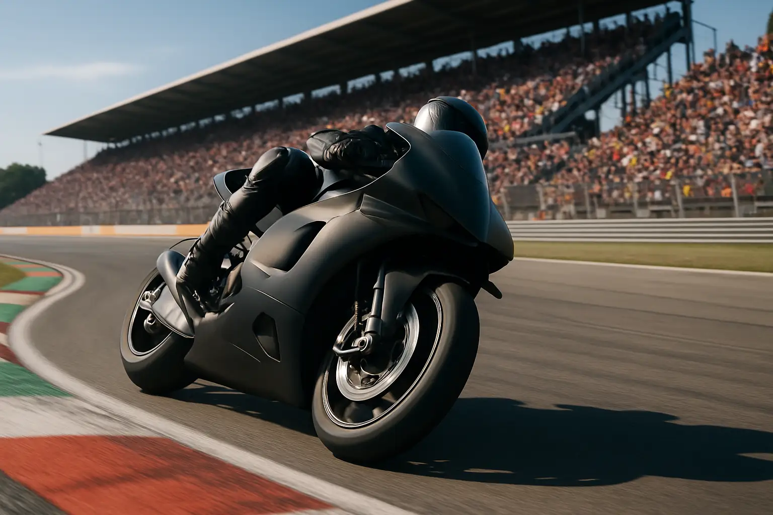 A MotoGP motorcycle racing through a wet and dramatic circuit lined with enthusiastic fans