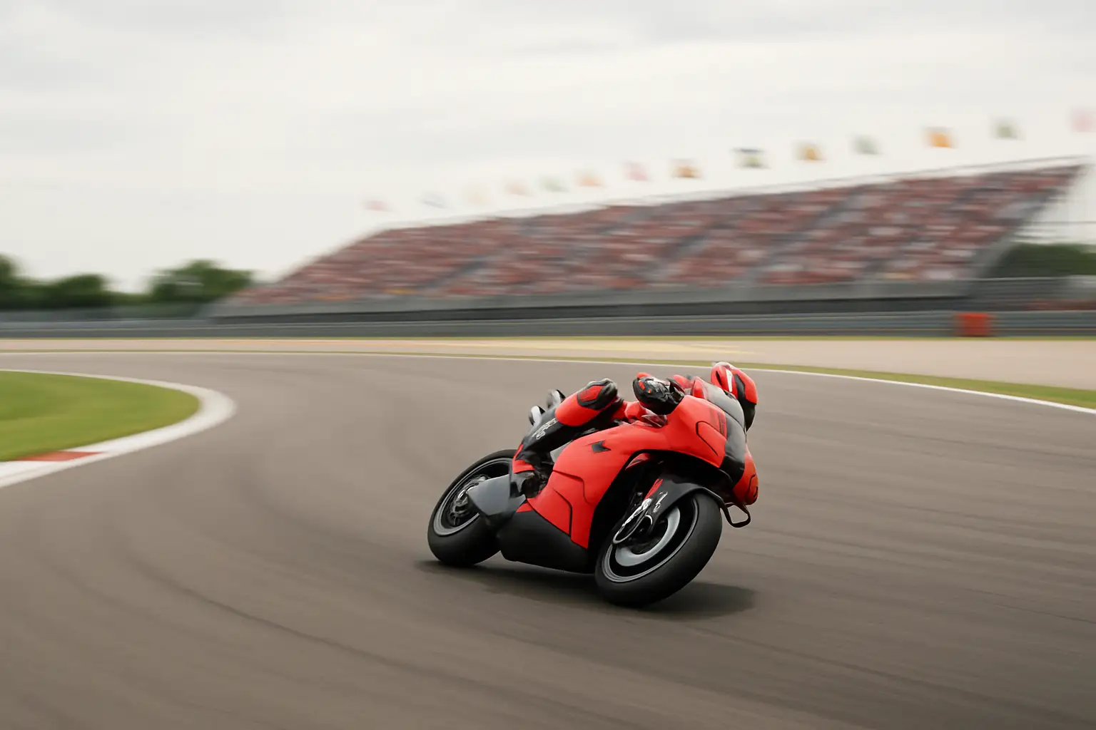MotoGP rider on a racing motorcycle powering through a fast corner at a grand prix circuit