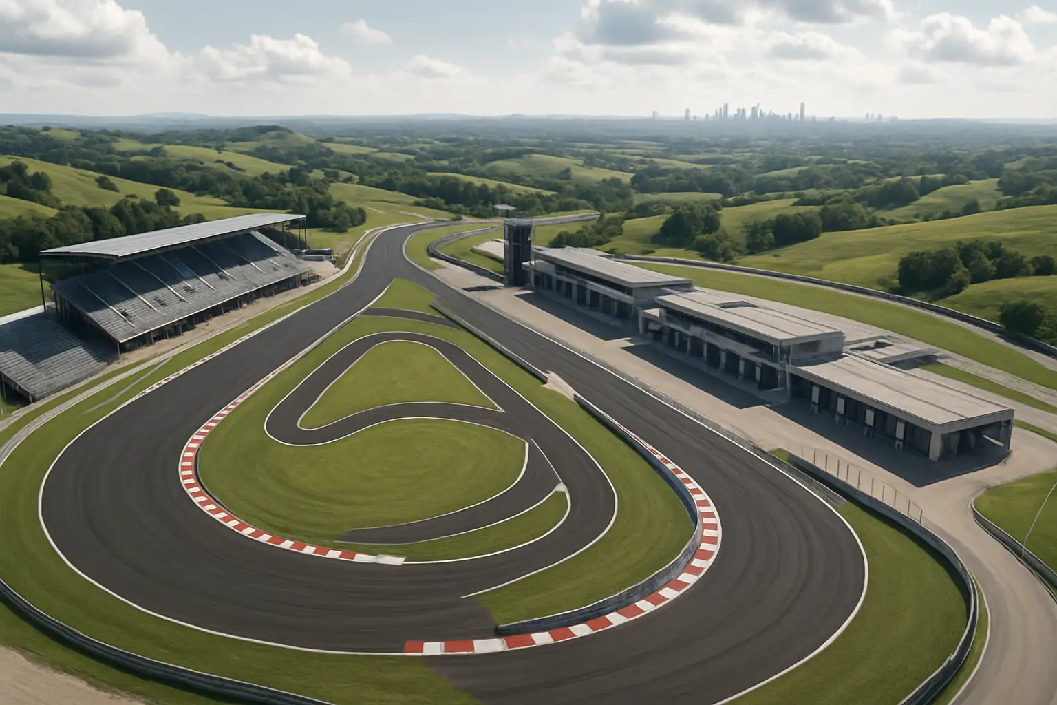 Aerial view of a modern motorsport circuit surrounded by green hills in China