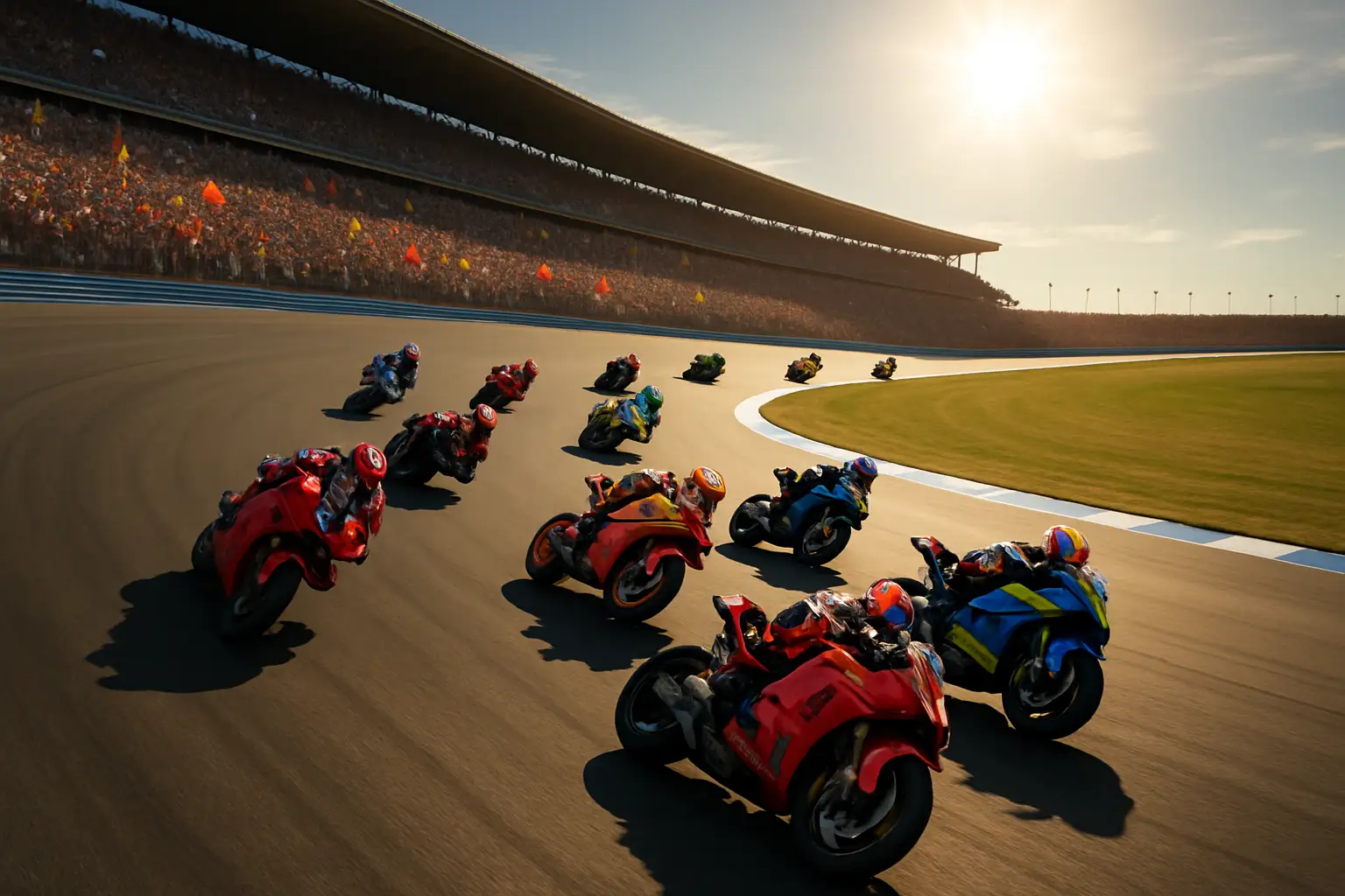 MotoGP riders leaning through a fast corner on a sun-lit circuit with grandstands in the background