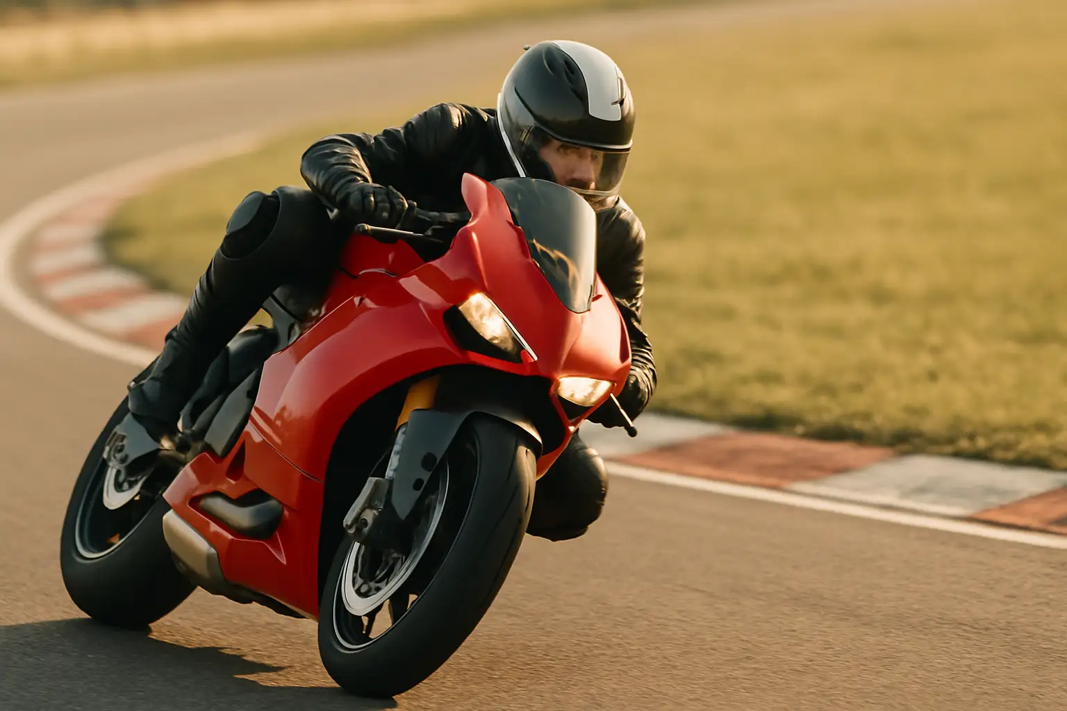 Motorcycle racer leaning through a tight corner on a red racing bike during a junior series event