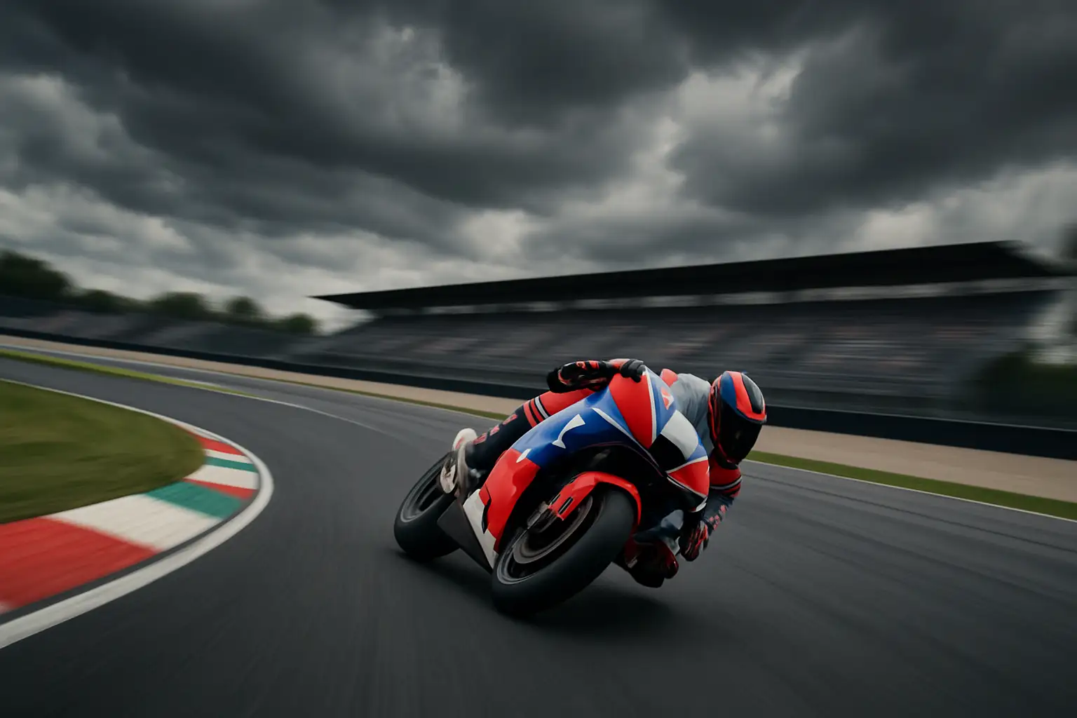 MotoGP rider leaning through a fast corner at a European circuit under grey skies