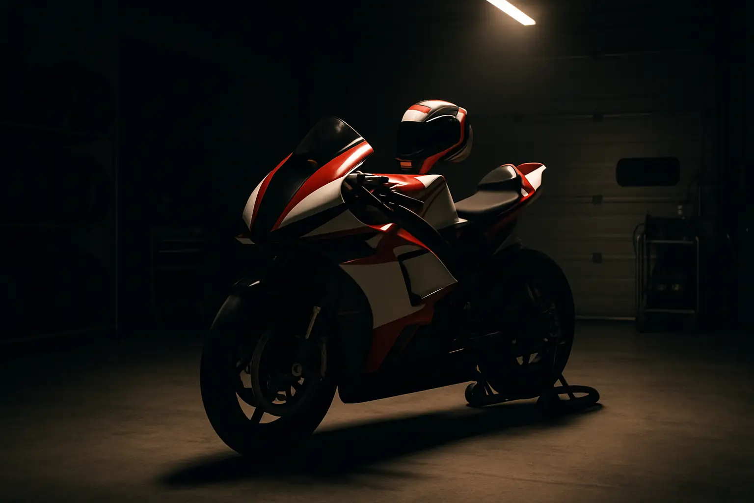 A MotoGP motorcycle parked in a pit lane garage with an empty rider's seat