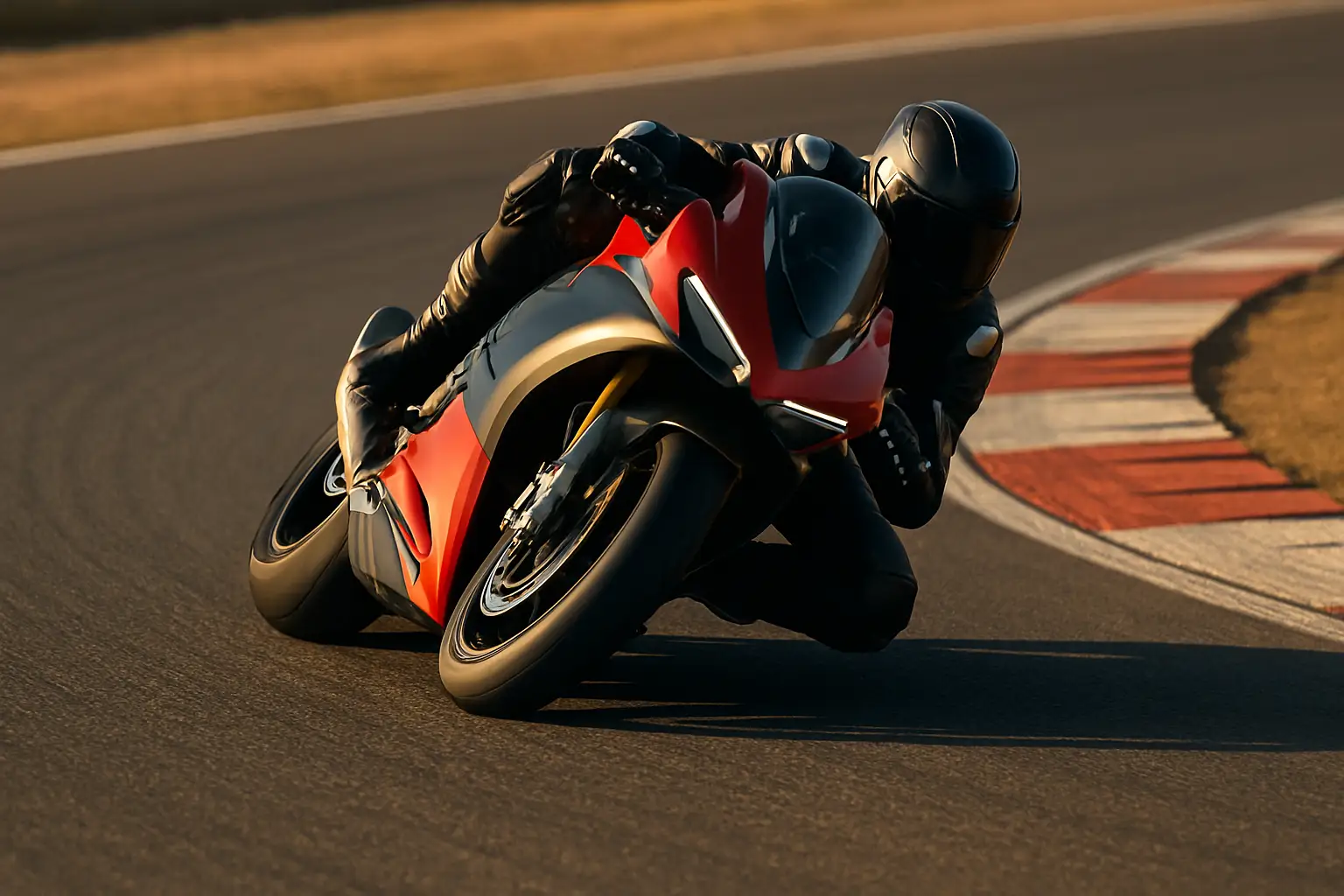 A MotoGP motorcycle leaning at an extreme angle through a corner on a sunlit race circuit