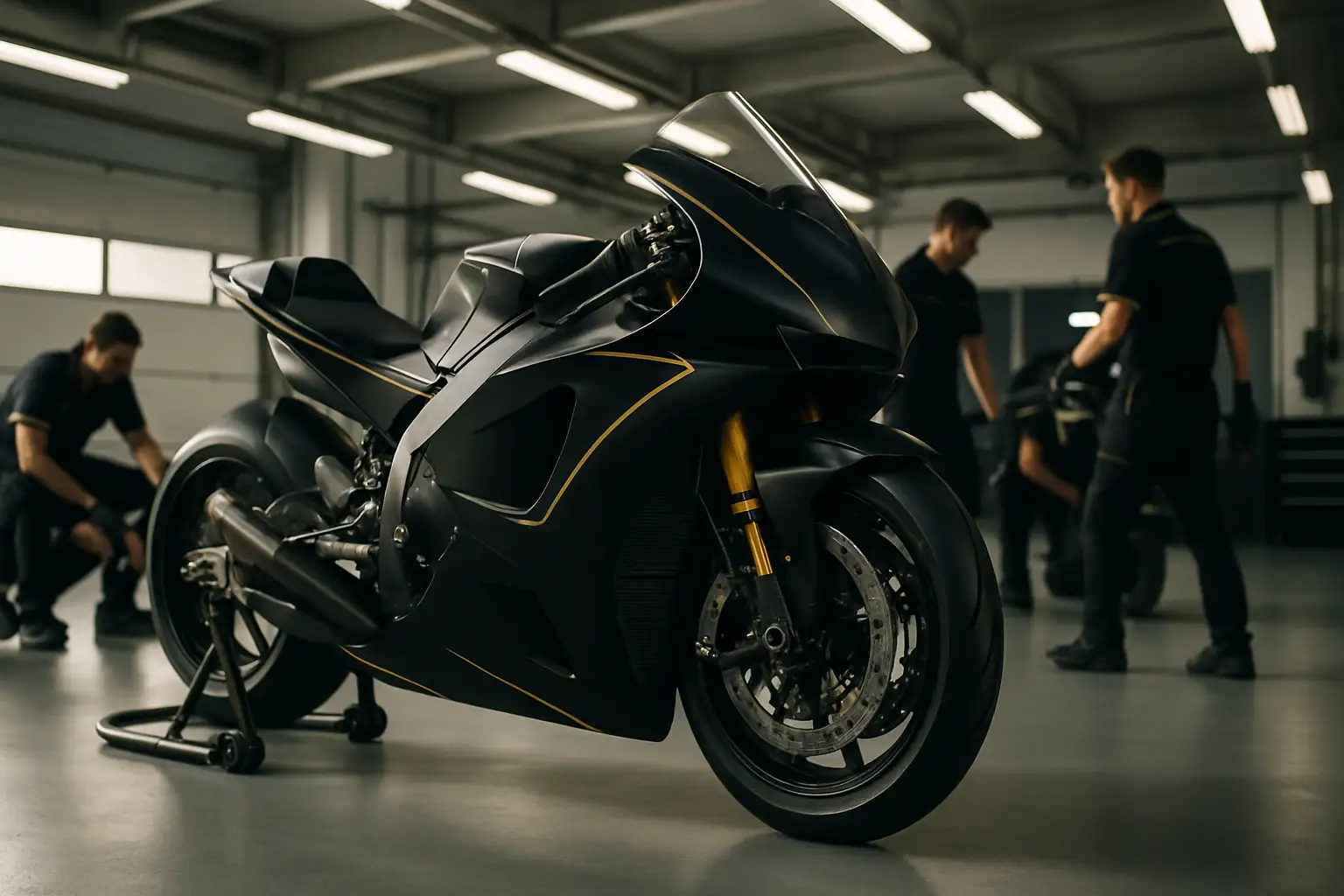 Black-and-gold MotoGP racing motorcycle on a sunlit pit lane with team crew in matching uniforms