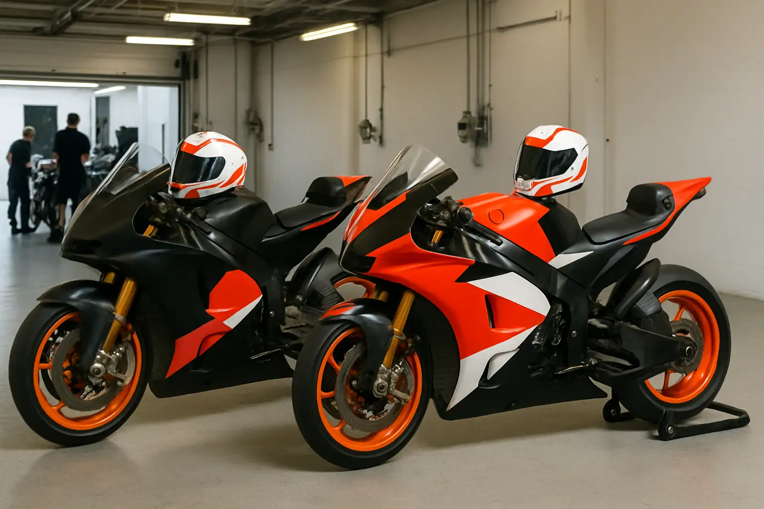 MotoGP race bikes on a circuit during practice with pit garage crew in the background