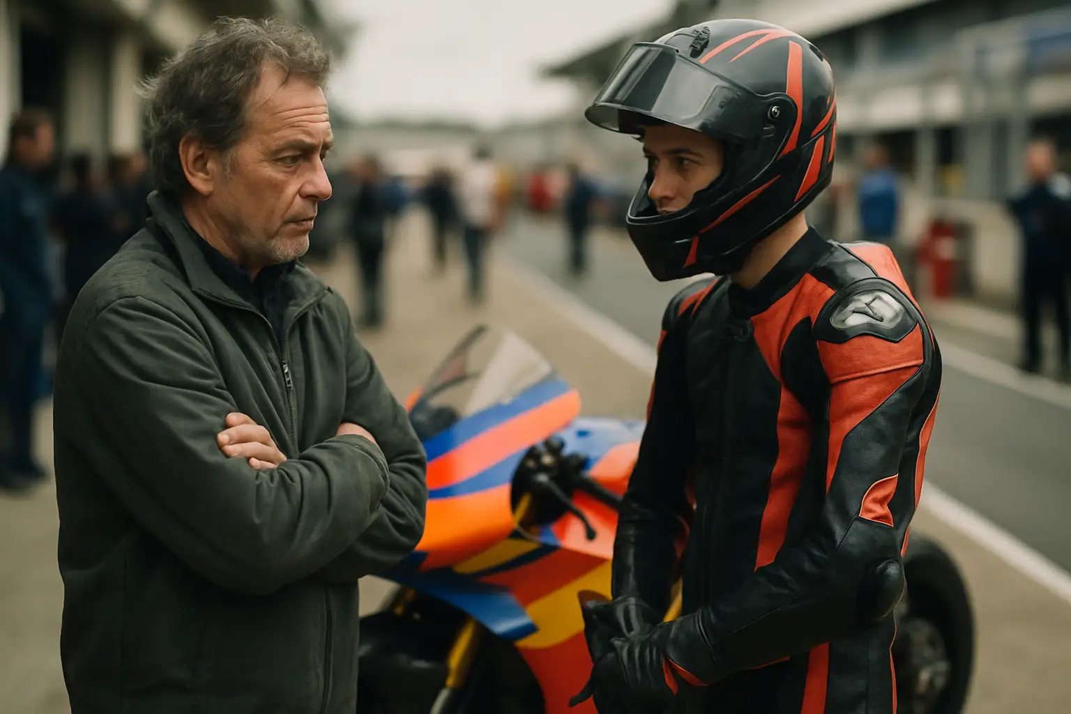 A MotoGP pit lane scene with a team manager speaking to a young rider beside a racing motorcycle