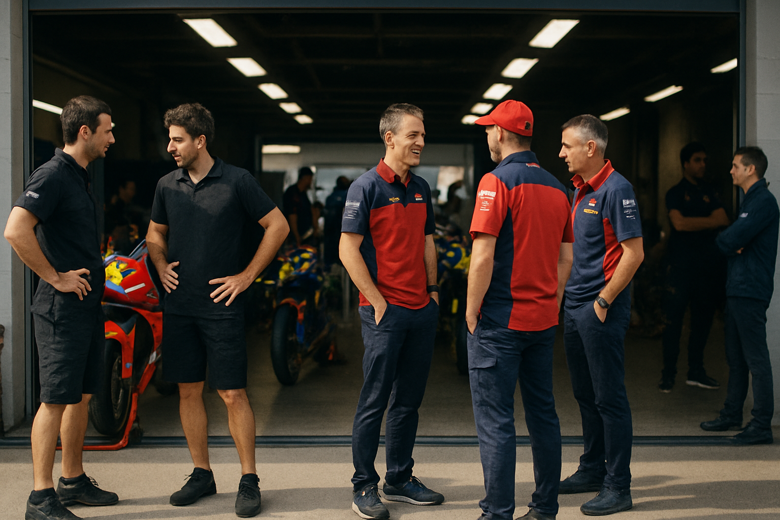 MotoGP pit lane paddock atmosphere with team crew members gathered near a garage
