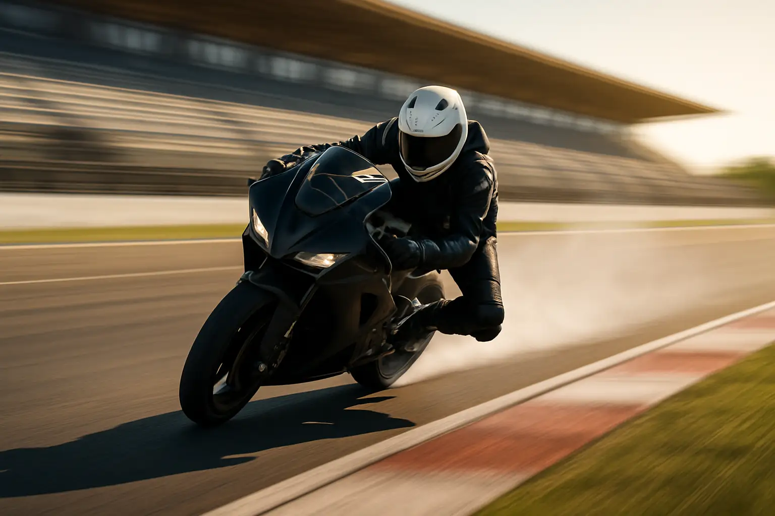 MotoGP rider on a factory prototype motorcycle powering through a fast corner on a modern grand prix circuit
