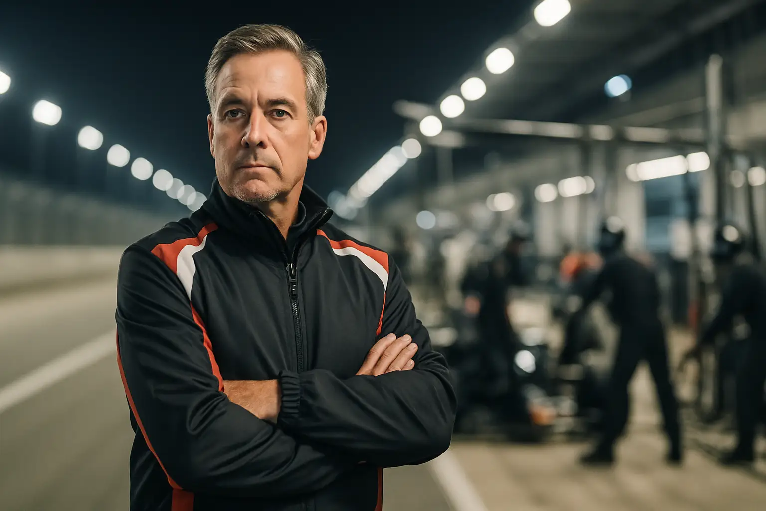 A motorsport team principal stands in a busy pit lane looking thoughtful, crew members working in the background