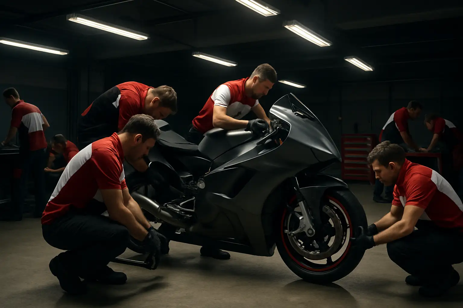 Honda MotoGP garage with mechanics working on a racing motorcycle under team branding