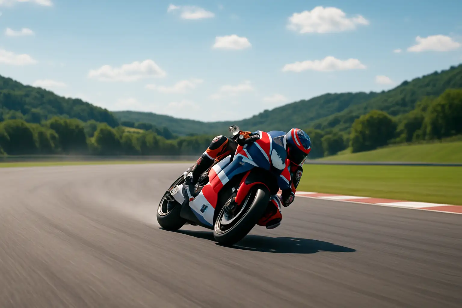 MotoGP motorcycle leaning through a sweeping corner on a sun-baked circuit