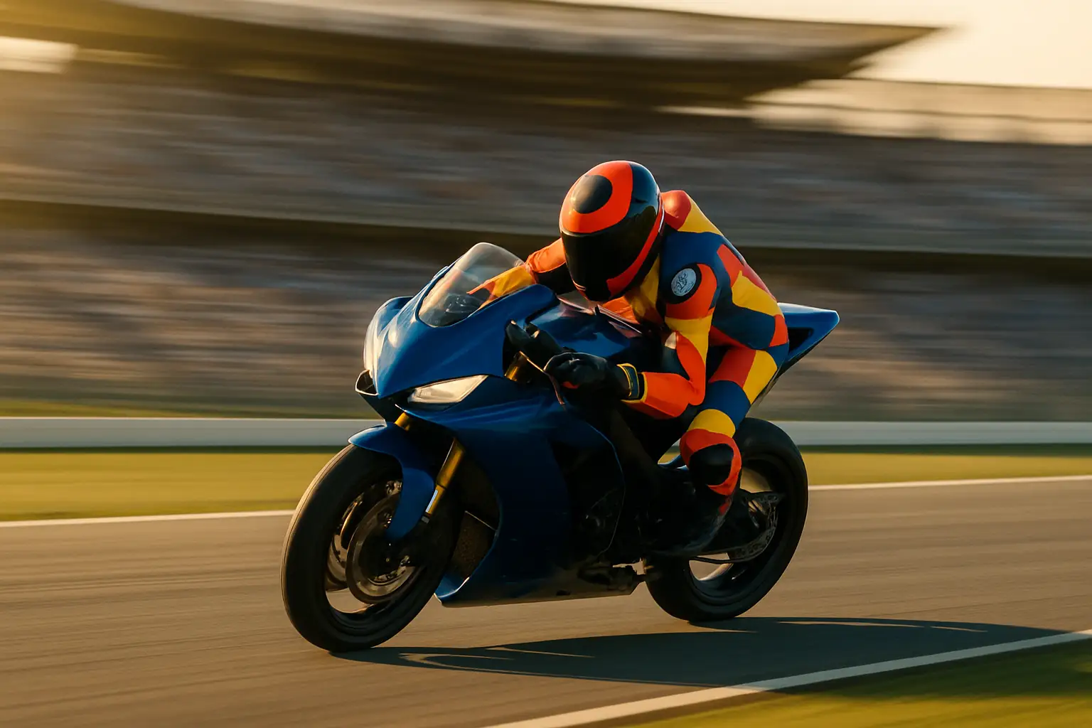 A motorcycle racer in full leathers and helmet leaning into a high-speed corner on a superbike