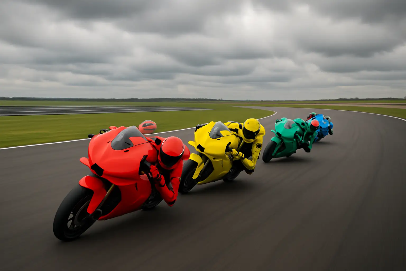 MotoGP bikes racing through a fast corner at a classic British circuit
