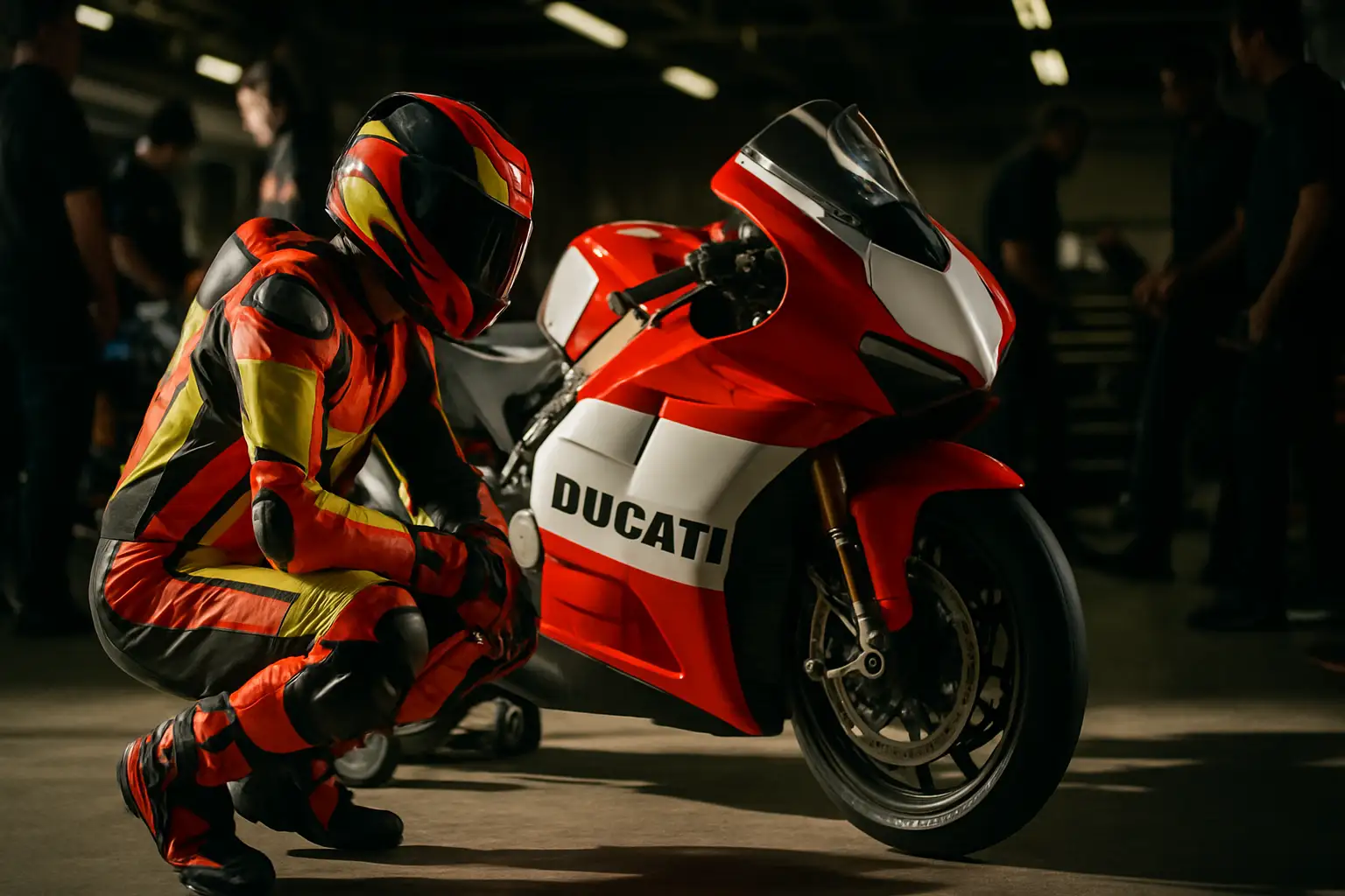 A MotoGP rider in full racing leathers preparing to mount a Ducati in the pit lane at Silverstone