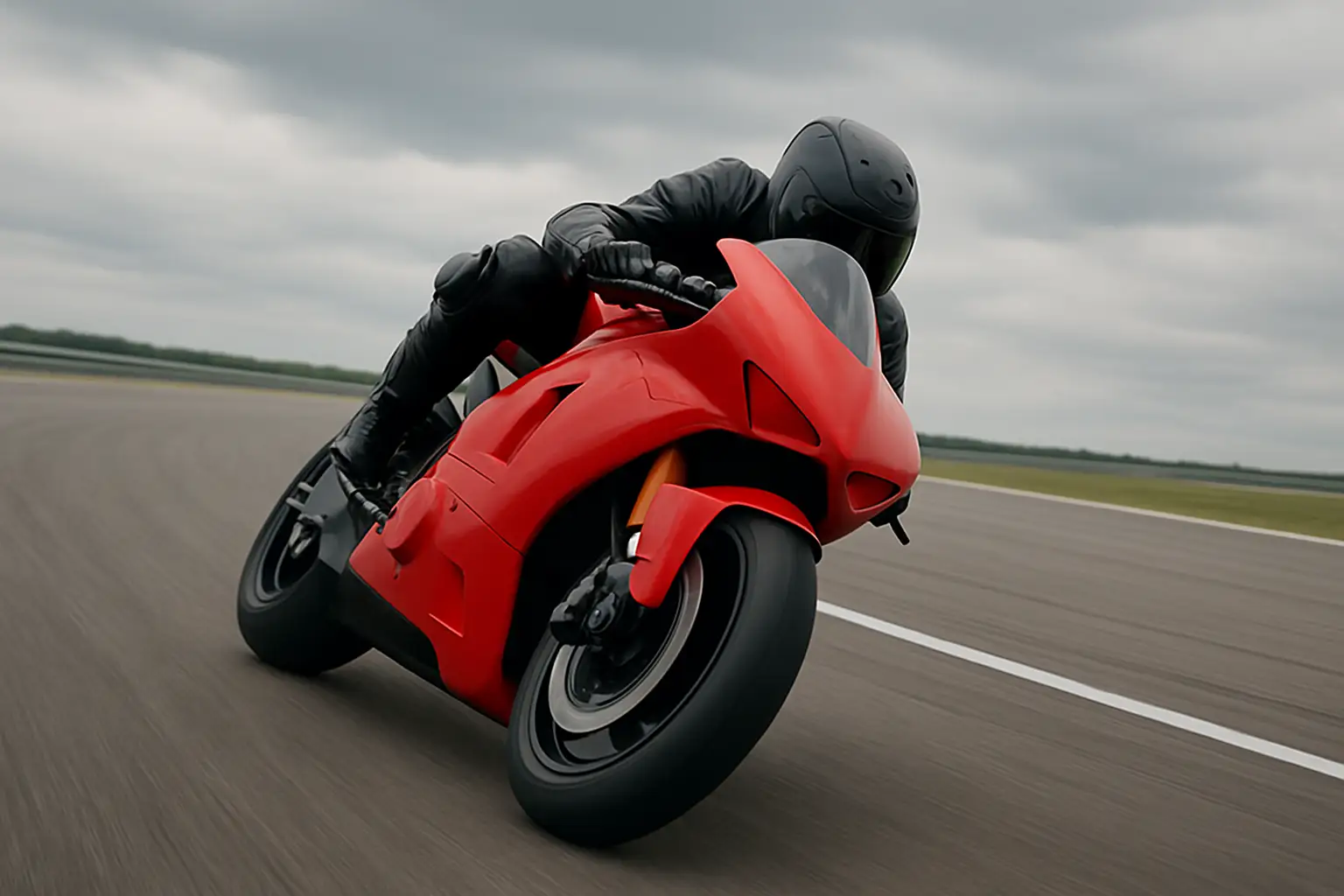 A MotoGP rider on a red Ducati machine accelerating out of a corner at a circuit