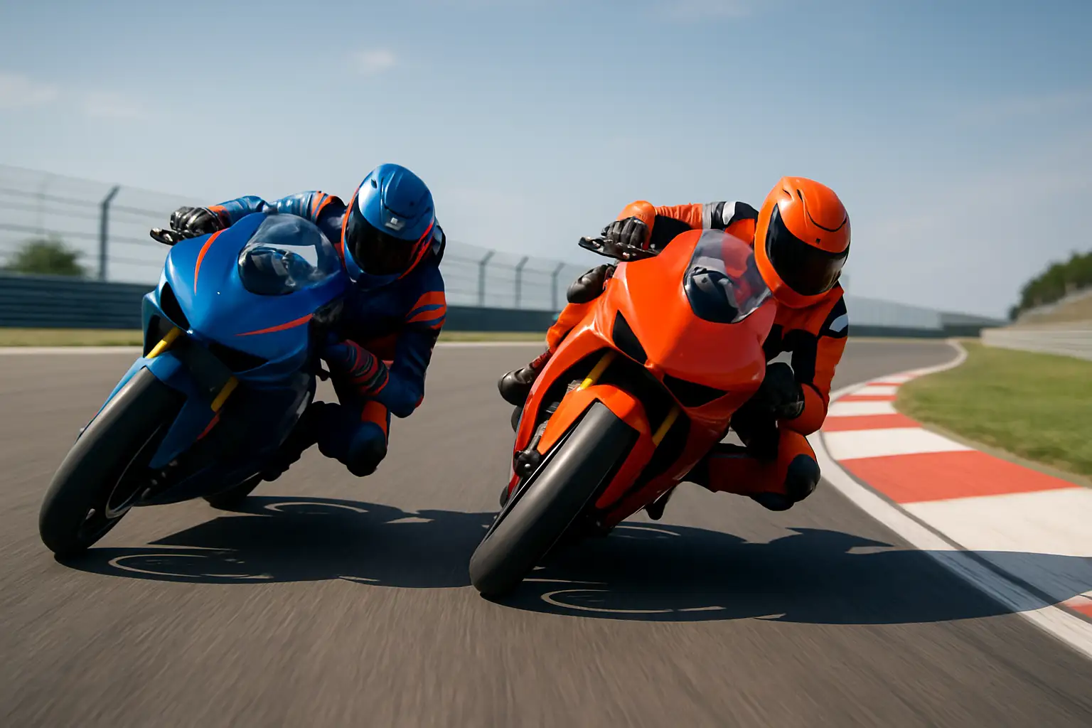 Two MotoGP riders leaning into a corner on a race circuit under bright lights
