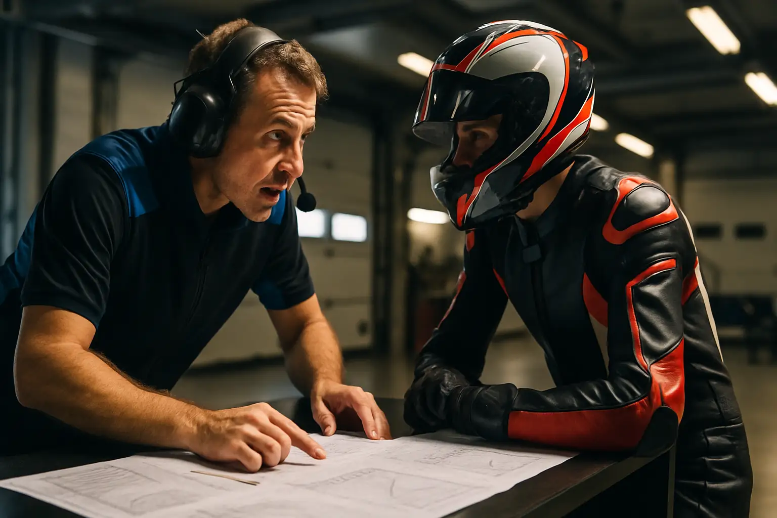 A MotoGP crew chief and rider in deep conversation in the pit garage during a race weekend