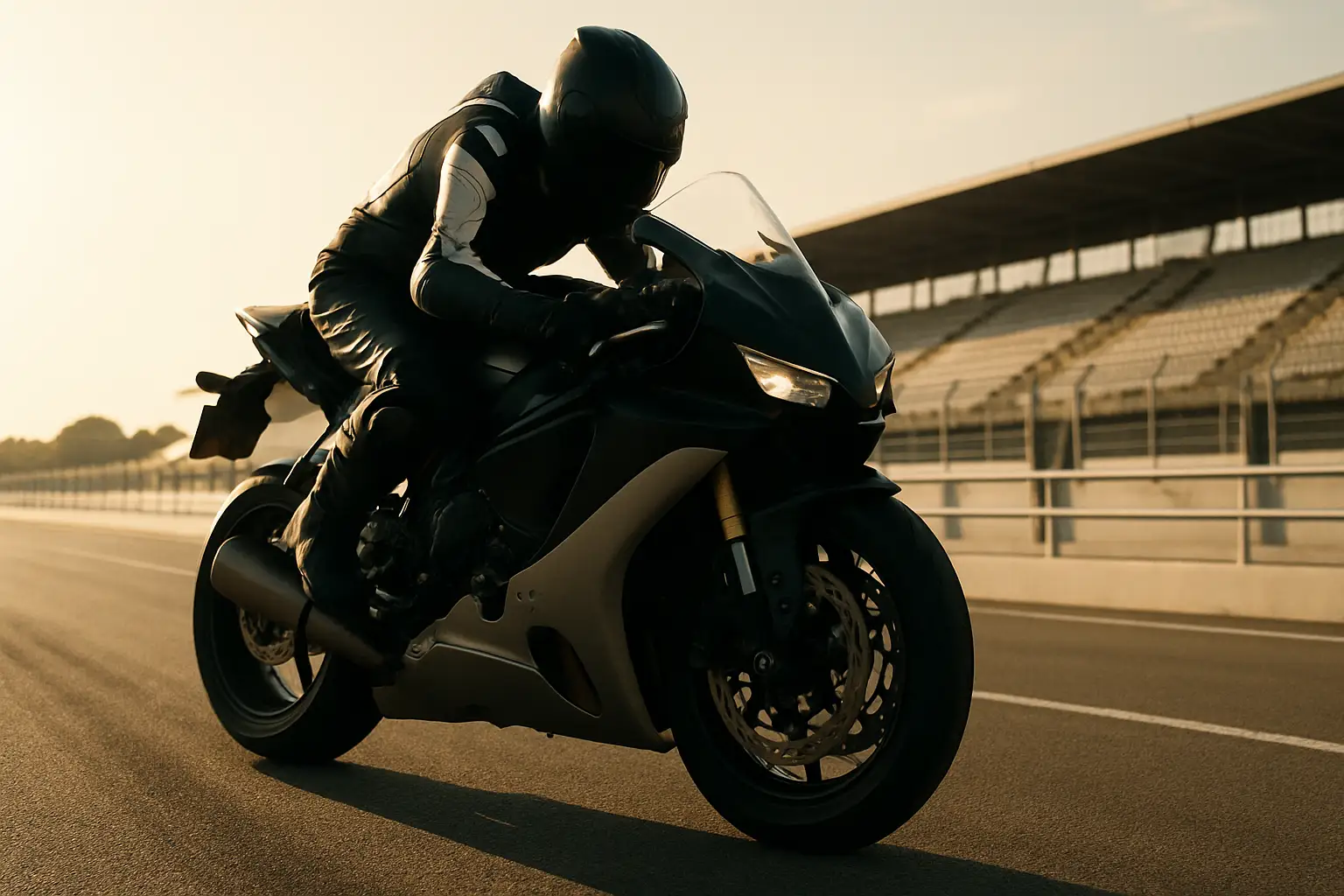A motorcycle racer on a sport bike speeding through a racing circuit with colorful pit lane structures in the background